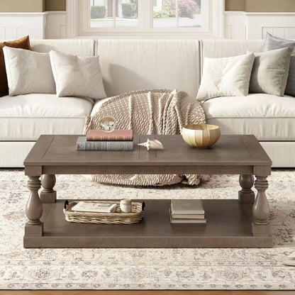 Rustic 43.5 In. Brown Rectangle Solid Wood Coffee Table with Storage Shelf, Artistic Vase Column Legs