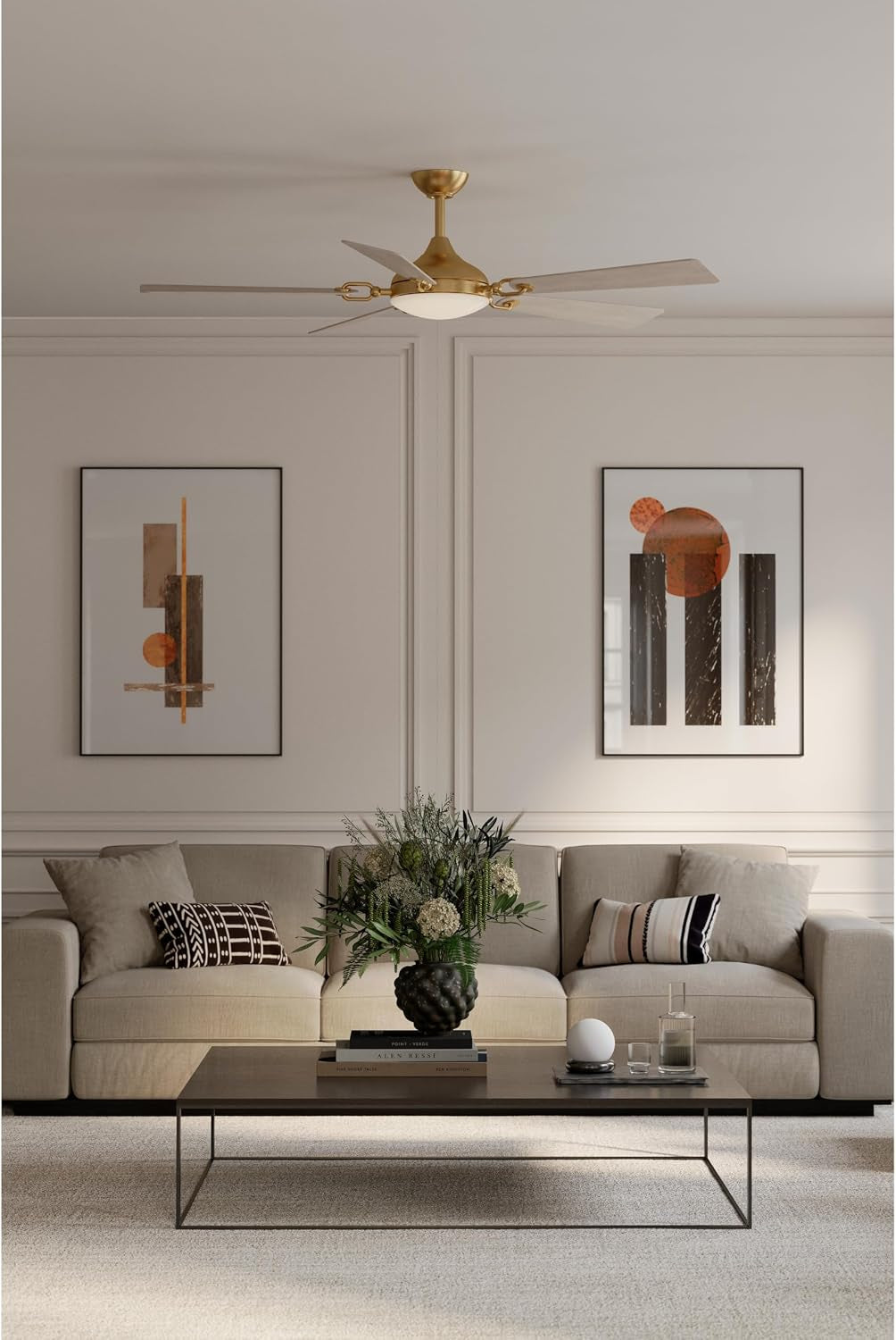 MINKA-AIRE Cadena 65" 5-Blade 5CCT LED Smart Ceiling Fan - Heritage Brass and Warm Coastal Driftwood Blades with Etched Lens