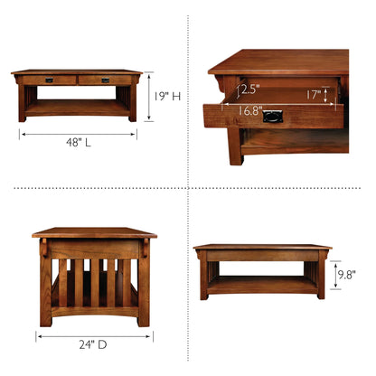 Leick Home Mission Solid Wood Coffee Table with Drawers and Shelf, Medium Oak Finish