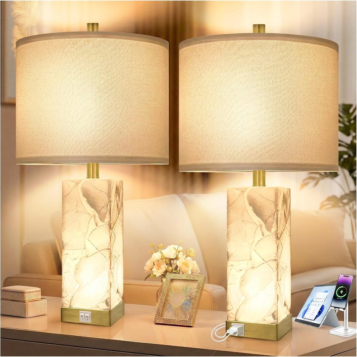 23" Alabaster Table Lamp Set of 2 for Living Room with Night Light