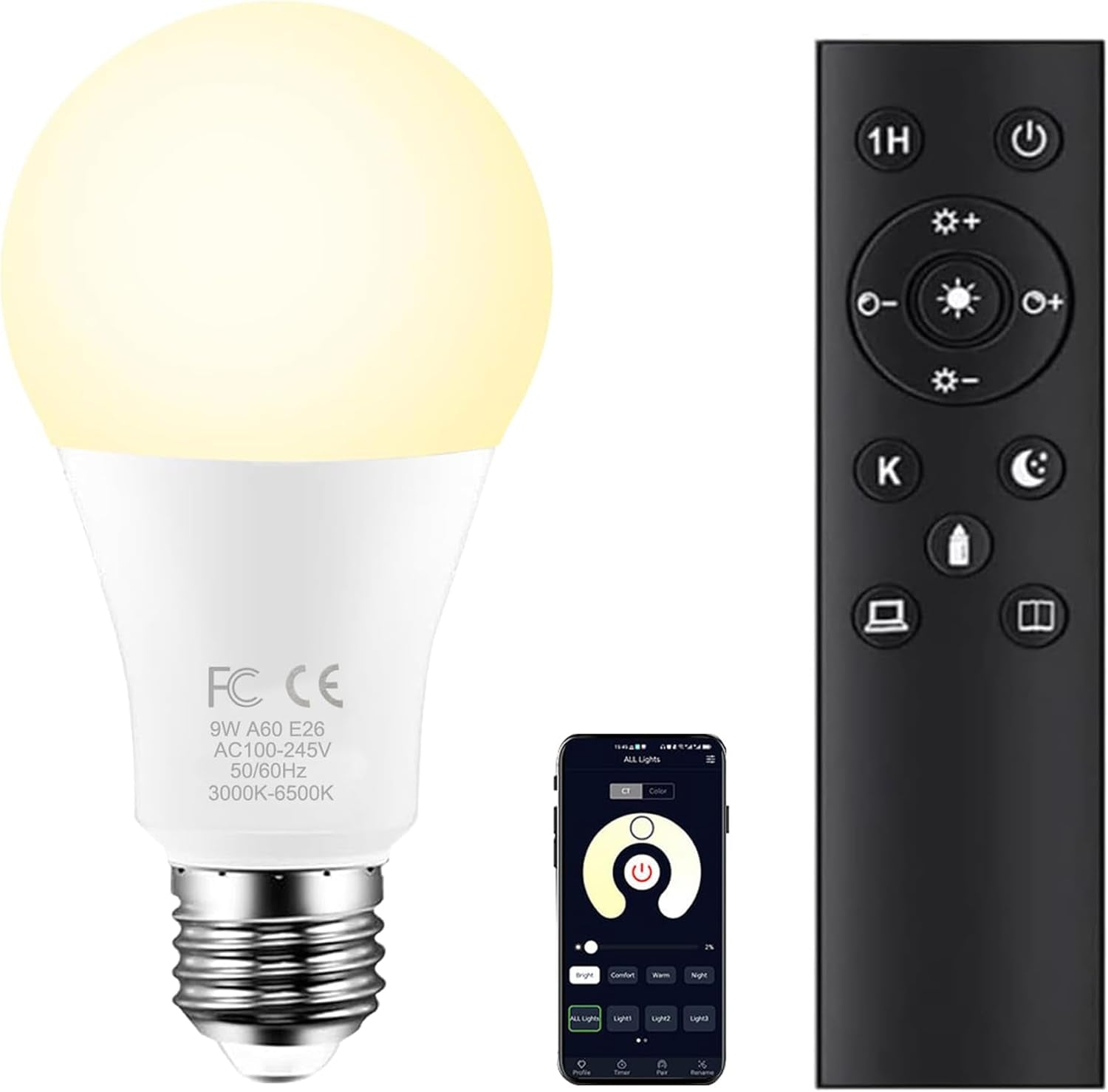 E26 A60 9W Smart LED Bulb with 2.4Ghz Remote Control, for Bedroom, Mood Soothing, 60W Equivalent 800Lm,Stepless Dimmable 3000-6500K,1 Bulb &1Remote
