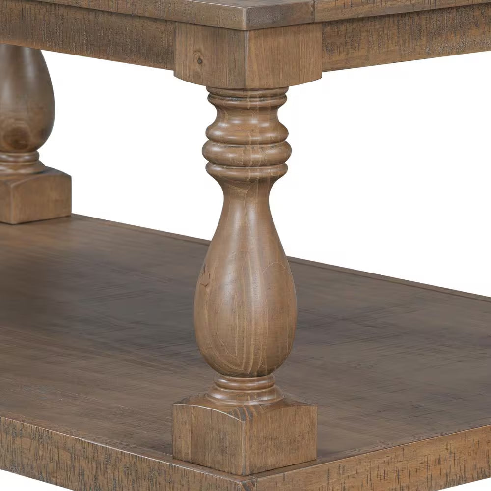 Rustic 43.5 In. Brown Rectangle Solid Wood Coffee Table with Storage Shelf, Artistic Vase Column Legs