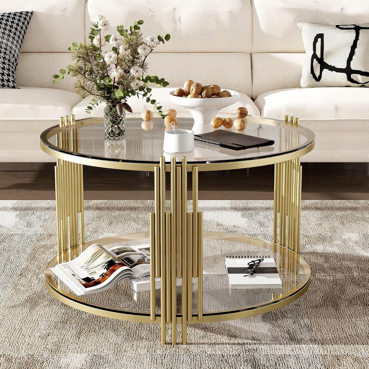 Koase Modern Mirror Coffee Table with Asymmetrical Gold Metal Base, 31.5" round Glass Top Center Accent Table, Circular Drum Design and Lower Display Shelf, Living Room Decor, Transparent