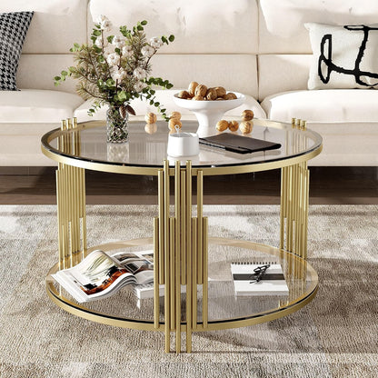 Koase Modern Mirror Coffee Table with Asymmetrical Gold Metal Base, 31.5" round Glass Top Center Accent Table, Circular Drum Design and Lower Display Shelf, Living Room Decor, Transparent