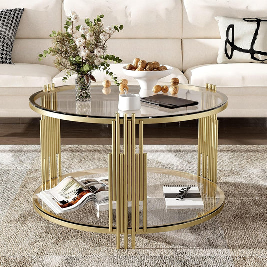 Koase Modern Mirror Coffee Table with Asymmetrical Gold Metal Base, 31.5" round Glass Top Center Accent Table, Circular Drum Design and Lower Display Shelf, Living Room Decor, Transparent