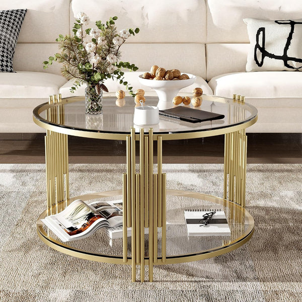 Koase Modern Mirror Coffee Table with Asymmetrical Gold Metal Base, 31.5" round Glass Top Center Accent Table, Circular Drum Design and Lower Display Shelf, Living Room Decor, Transparent