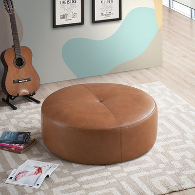 36" Round Leather Ottoman | Pouf | Foot Rest, Mid-Century Modern Oversized Coffee Table Ottoman, Vintage Furniture Foot Stool