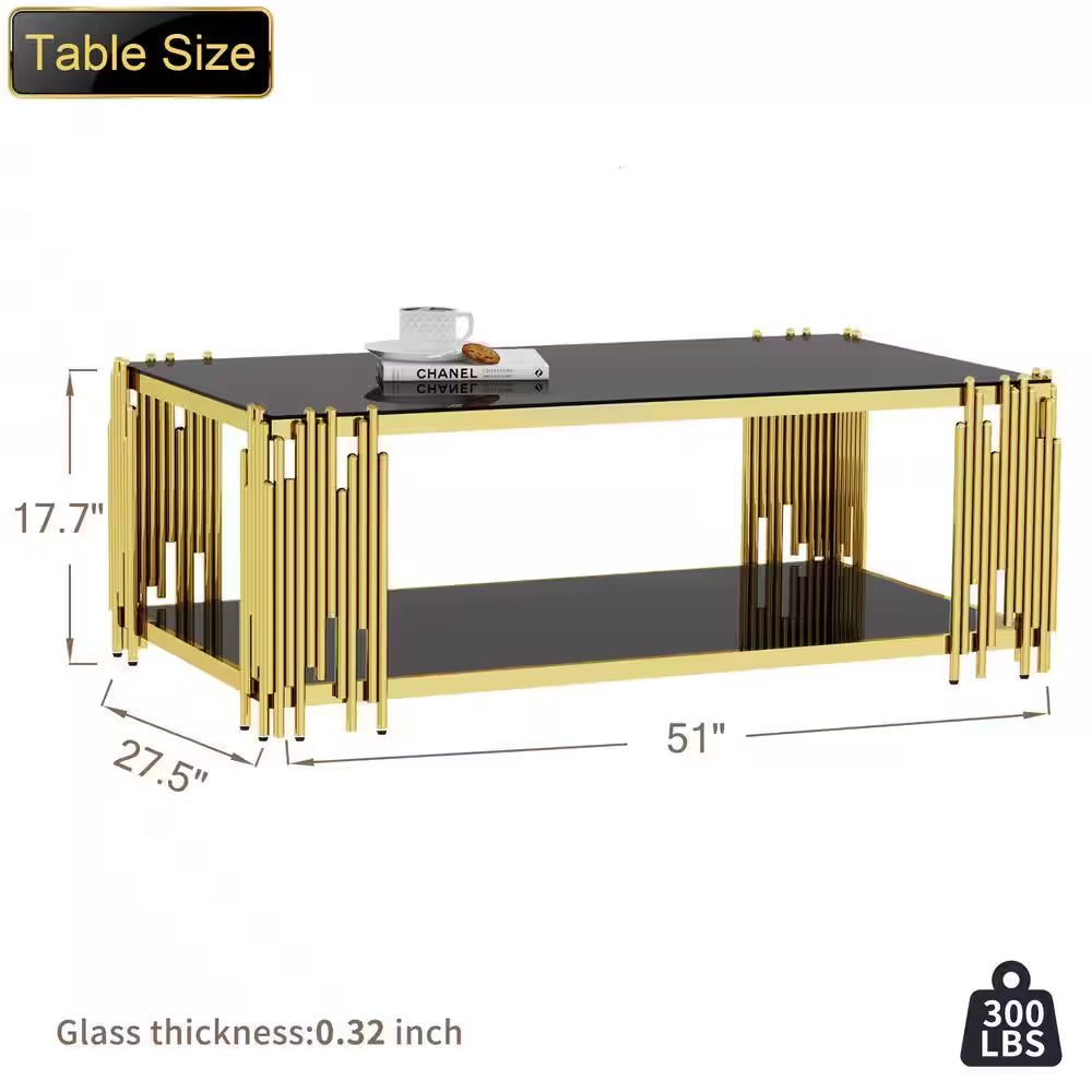 51 In. Black Rectangle Glass Coffee Table, Tempered Glass and Stainless Steel Legs, 2-Tier Center Table for Living Room