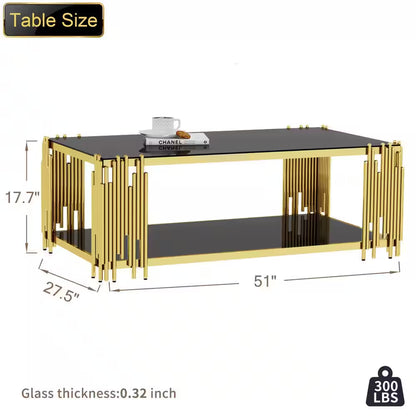 51 In. Black Rectangle Glass Coffee Table, Tempered Glass and Stainless Steel Legs, 2-Tier Center Table for Living Room