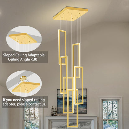 6-Ring Rectangle Chandelier Foyer High Ceiling Chandelier Contemporary Large Led Gold Ring Chandeliers for Staircase Villa