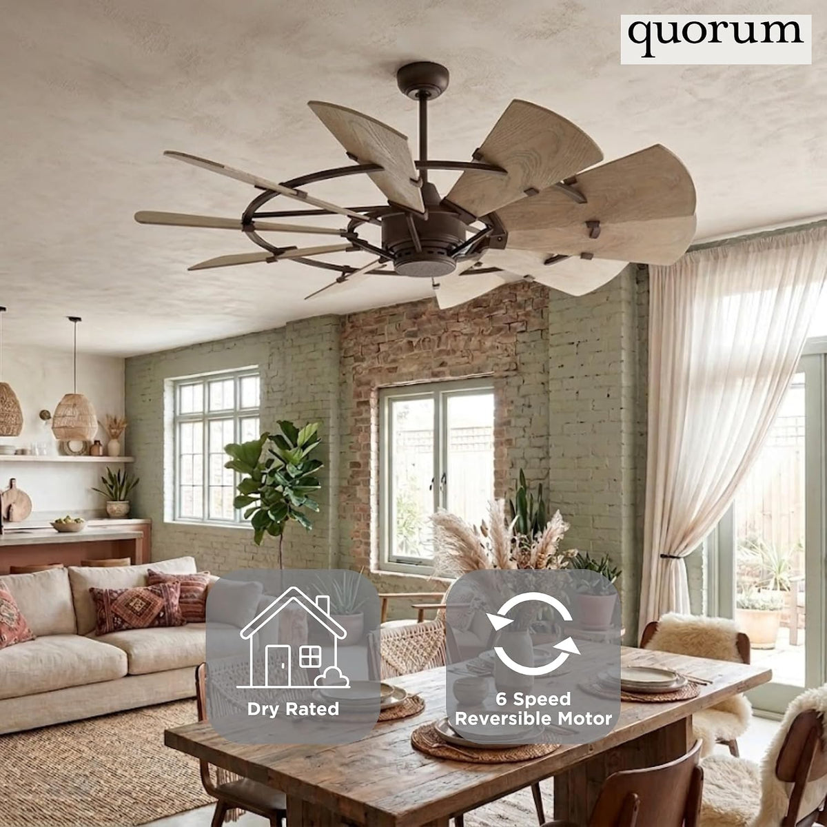 Quorum 95210-86 Windmill 52 Inch Ceiling Fan | 10 Blade Wagon Wheel Design | 6 Speed Reversible DC Motor | Remote Control Included | Dry Rated Indoor Fan | Weathered Oak Blades | Oiled Bronze Finish