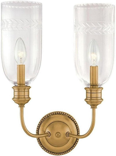 2-Light Wall Sconce | Aged Brass Finish | Made of Brass & Glass | Damp-Rated for Bathroom Use | 12.5" W X 17" H Profile | 292-AGB