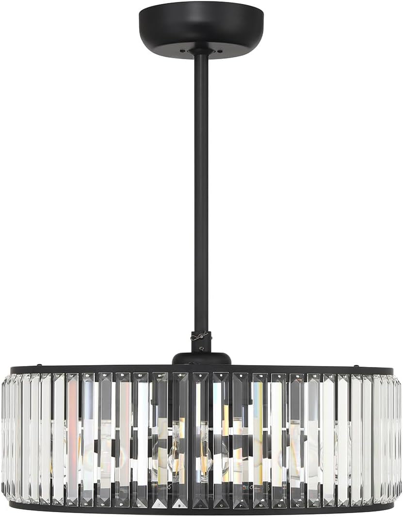 23-FD-245-322 Janus Luxe LED Chandelier Ceiling Fan with Light and Remote, Crystal Drum Fandelier with 6-Light 48 Total Watts, 10" H X 23" W, Matte Black