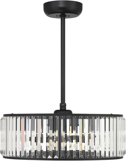 23-FD-245-322 Janus Luxe LED Chandelier Ceiling Fan with Light and Remote, Crystal Drum Fandelier with 6-Light 48 Total Watts, 10" H X 23" W, Matte Black