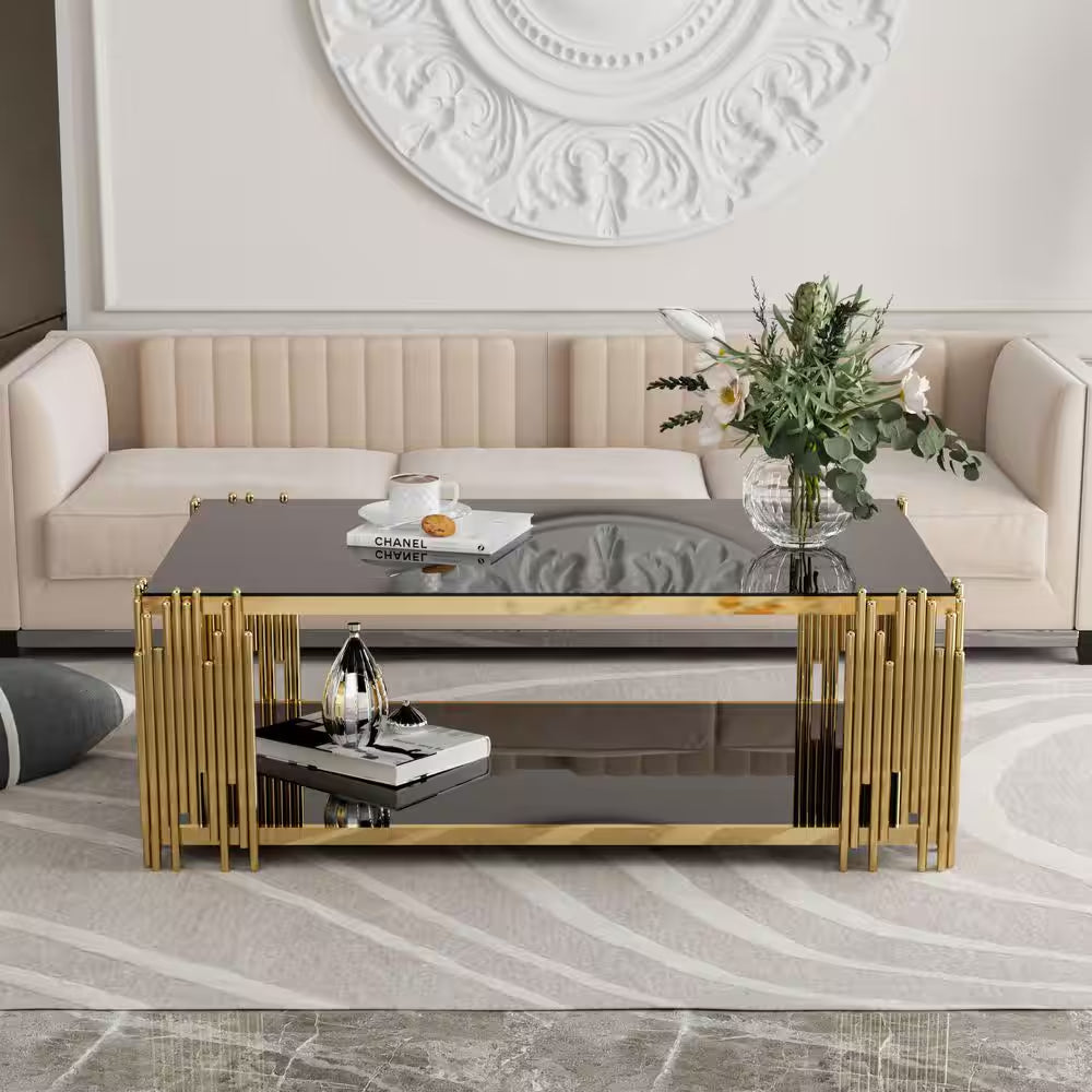 51 In. Black Rectangle Glass Coffee Table, Tempered Glass and Stainless Steel Legs, 2-Tier Center Table for Living Room