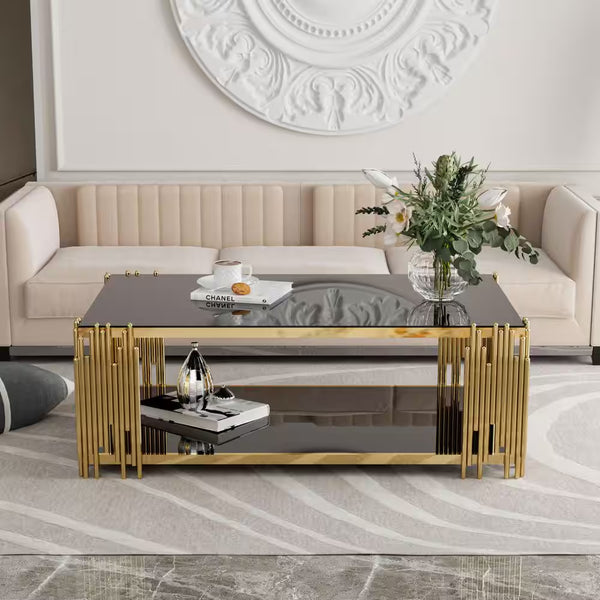 51 In. Black Rectangle Glass Coffee Table, Tempered Glass and Stainless Steel Legs, 2-Tier Center Table for Living Room