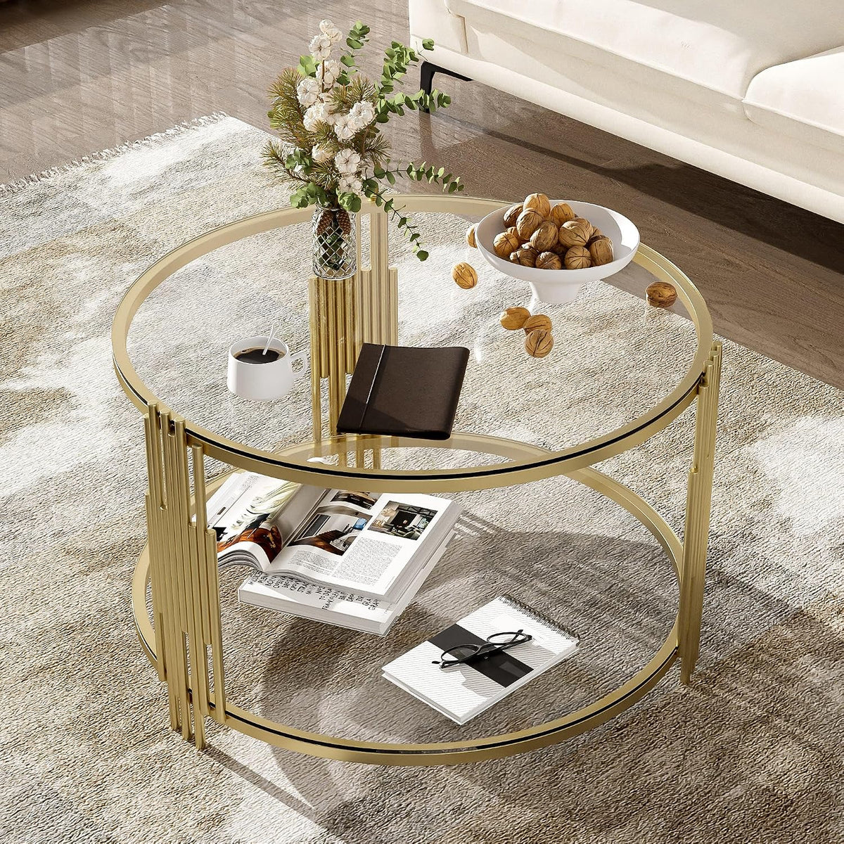 Koase Modern Mirror Coffee Table with Asymmetrical Gold Metal Base, 31.5" round Glass Top Center Accent Table, Circular Drum Design and Lower Display Shelf, Living Room Decor, Transparent
