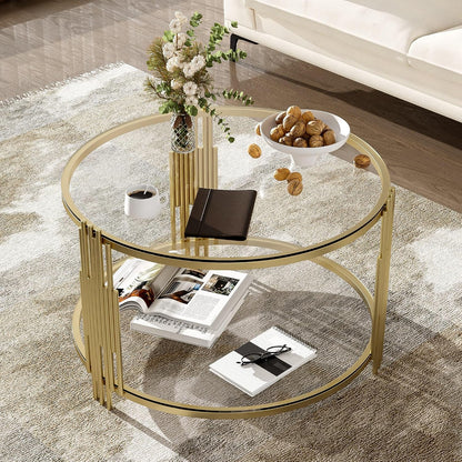 Koase Modern Mirror Coffee Table with Asymmetrical Gold Metal Base, 31.5" round Glass Top Center Accent Table, Circular Drum Design and Lower Display Shelf, Living Room Decor, Transparent