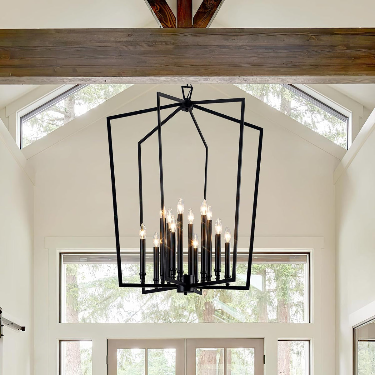Modern Large Black Lantern Foyer Entryway Chandelier
