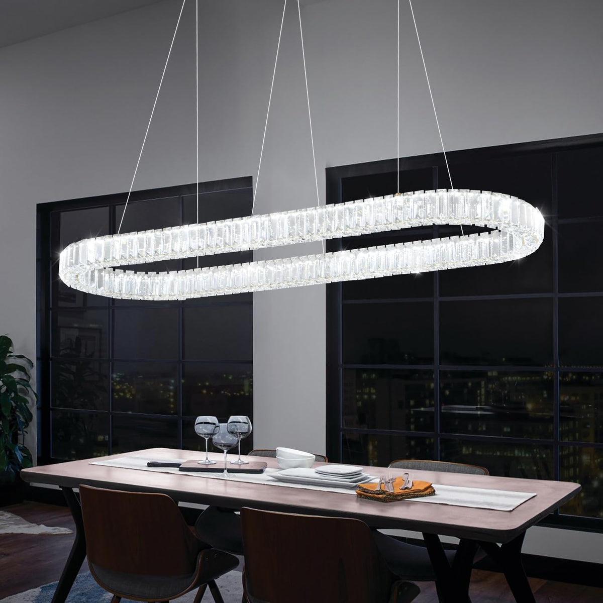 40Inch LED Crystal Ring Chandelier for Dining Room Modern Linear Pendant Light Oval Ring Chandeliers Dimmable 3000K-6000K