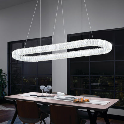 40Inch LED Crystal Ring Chandelier for Dining Room Modern Linear Pendant Light Oval Ring Chandeliers Dimmable 3000K-6000K