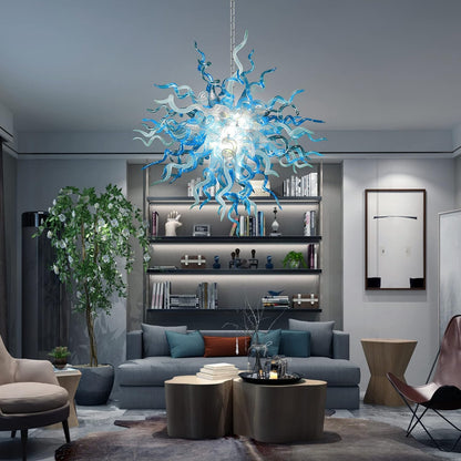 28" Hand Blown Glass Chandelier, Blue White Art Deco Pendant
