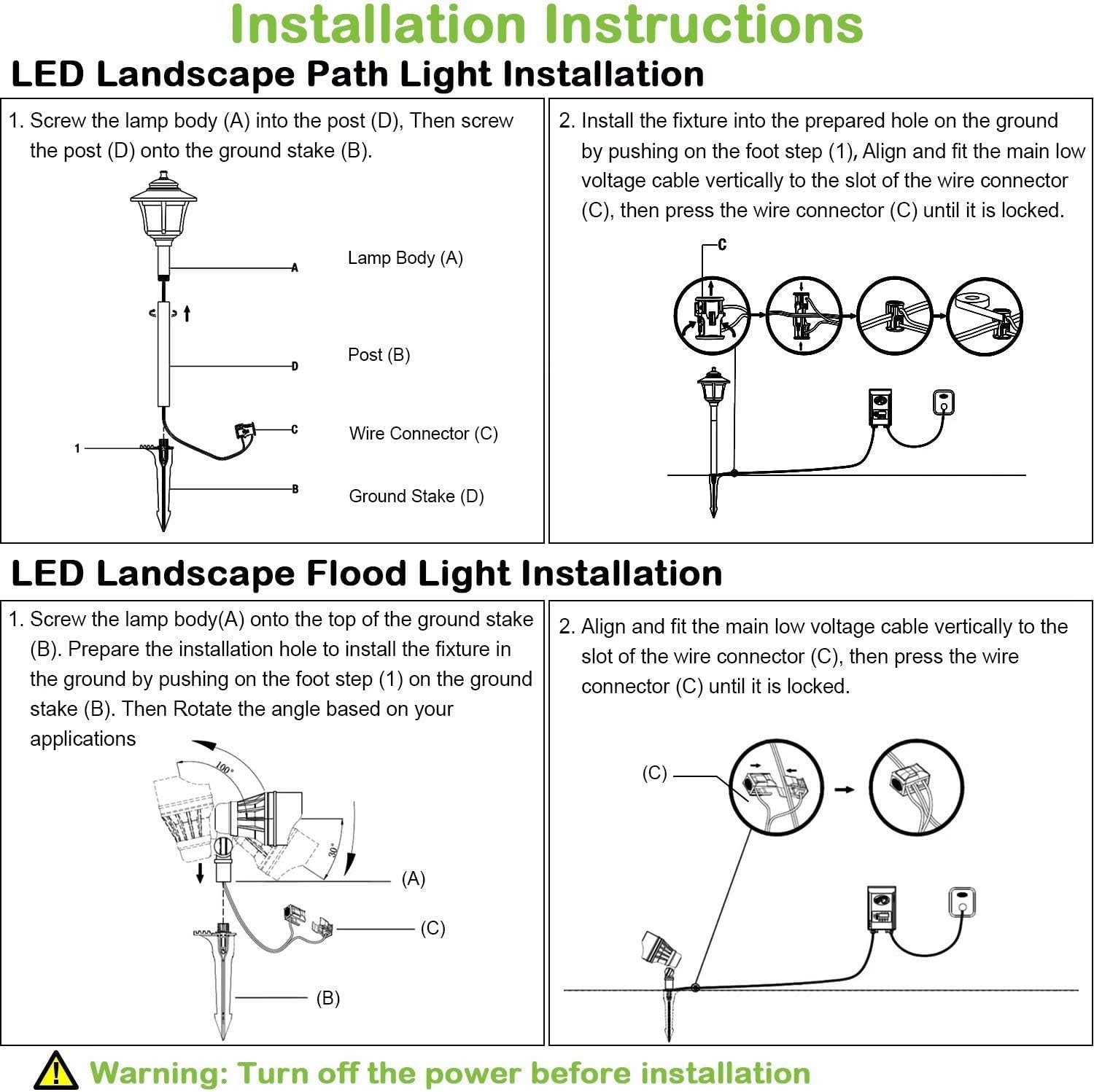 8 Pack Low Voltage LED Landscape Kits, 12V-15V Pathway Flood Light Kits, 10W 390LM and 3.4W 155LM Wired for Outdoor Yard Lawn, Die-Cast Aluminum, 50W and 30W Equivalent