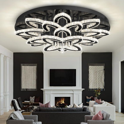 40" Modern Crystal Chandelier for Dining Room LED Dimmable Flush Mount Chandeliers Black Ceiling Chandelier for Living Room Bedrooms