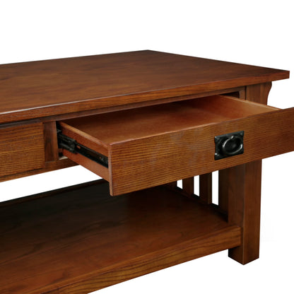 Leick Home Mission Solid Wood Coffee Table with Drawers and Shelf, Medium Oak Finish