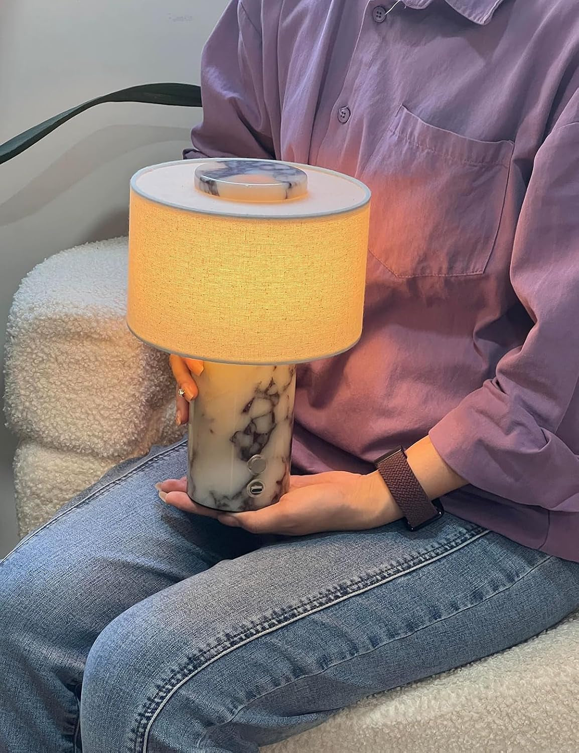 Marble Lamp, Stone Table Lamps Rechargeable Modern Decorative Touch Dimmable Cordless Luxury Design Bedside Lamp for Home Decor, Bedroom, Living Room & Office (Rechargeable Calacatta Viola Lamp)