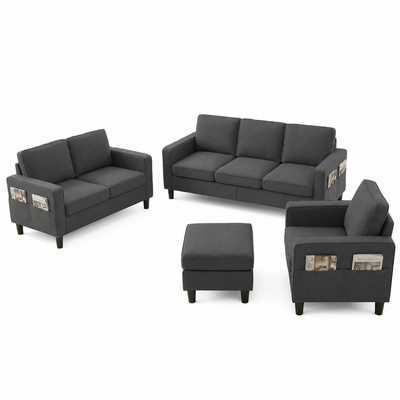 3 Piece Living Room Furniture Sets,L Shaped Sectional Sofa Set with Storage Ottoman,Modern Linen Fabric Couch for Apartment,Dark Gray