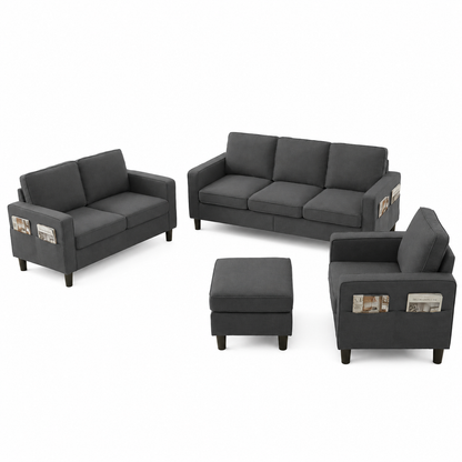 3 Piece Living Room Furniture Sets,L Shaped Sectional Sofa Set with Storage Ottoman,Modern Linen Fabric Couch for Apartment,Dark Gray
