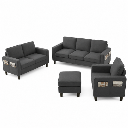 3 Piece Living Room Furniture Sets,L Shaped Sectional Sofa Set with Storage Ottoman,Modern Linen Fabric Couch for Apartment,Dark Gray