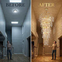 Modern Chandelier 118 In. 28-Light Crystal Gold Chandelier for Foyer, Living Room, Multiple Tiers Chandelier — Before & After
