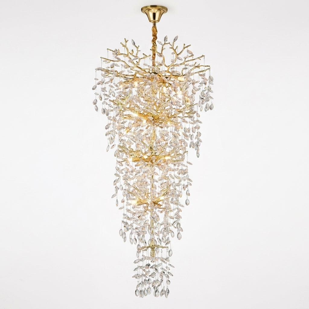 Modern Chandelier 118 In. 28-Light Crystal Gold Chandelier for Foyer, Living Room, Multiple Tiers Chandelier — Studio Shot