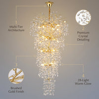 Modern Chandelier 118 In. 28-Light Crystal Gold Chandelier for Foyer, Living Room, Multiple Tiers Chandelier — infographic