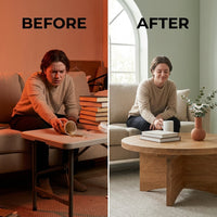 Round Coffee Table Crafted for Modern Living, Solid Wood Base, Reclaimed Hardwoods, Sustainable Materials — Before & After