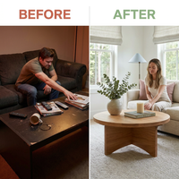 Sculptural round Wood Coffee Table — Before & After