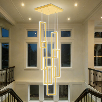 6-Ring Rectangle Chandelier Foyer High Ceiling Chandelier Contemporary Large Led Gold Ring Chandeliers for Staircase Villa