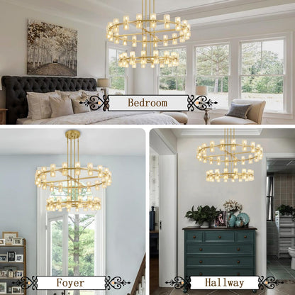 2 Tier Gold Wagon Wheel Chandelier, 108-Lights Farmhouse Pendant Light Fixture, Rustic round Chandelier for Foyer Entryway Living Room (Dia 32"+40")