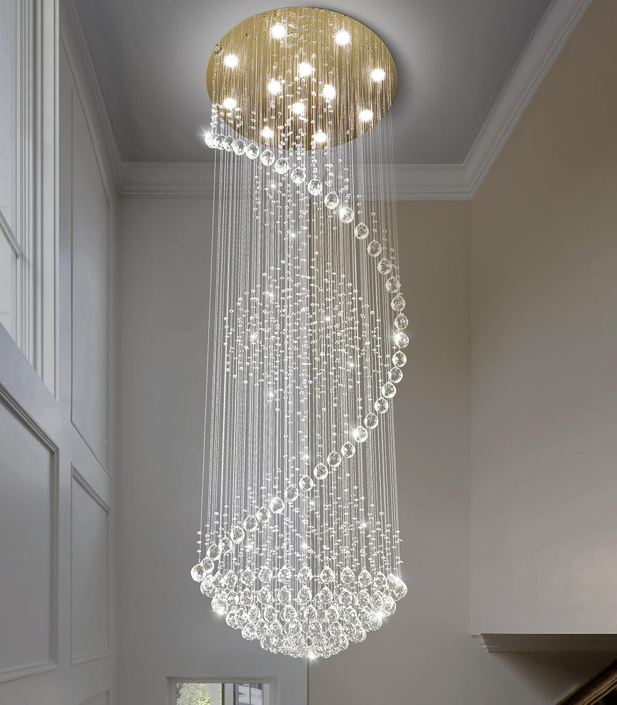 98'' Crystal Chandelier High Ceiling Chandeliers for Staircaes Large Raindrop Chandeliers LED Dimmable Flush Mount Light Fixtures for Foyer Hallway Entryway LED Bulbs Included Gold
