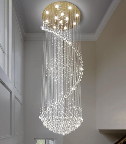 98'' Crystal Chandelier High Ceiling Chandeliers for Staircaes Large Raindrop Chandeliers LED Dimmable Flush Mount Light Fixtures for Foyer Hallway Entryway LED Bulbs Included Gold