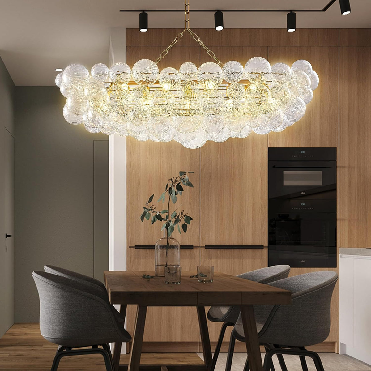 Nordic Bubble Ball Swirled Glass Long Chandelier 50 Inches Gold and Clear