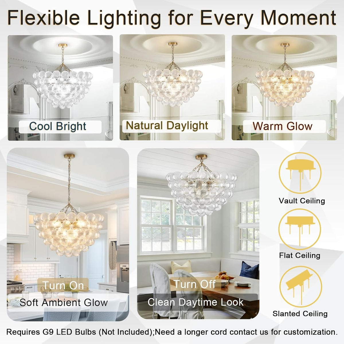 Bubble Chandelier for Dining Room, Dia 31.5" Gild Gold Brass Chandelier 10-Light Clear Ball Hand Blown Glass Chandeliers for Living Room Entryway round Cluster Globe Chandeliers (G9 LED Base)