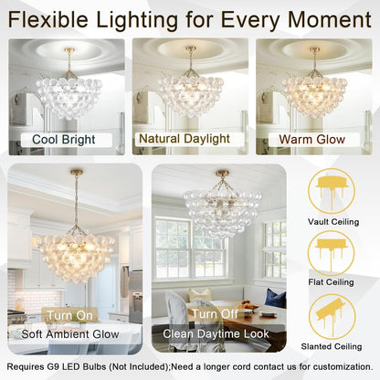 Bubble Chandelier for Dining Room, Dia 31.5" Gild Gold Brass Chandelier 10-Light Clear Ball Hand Blown Glass Chandeliers for Living Room Entryway round Cluster Globe Chandeliers (G9 LED Base)