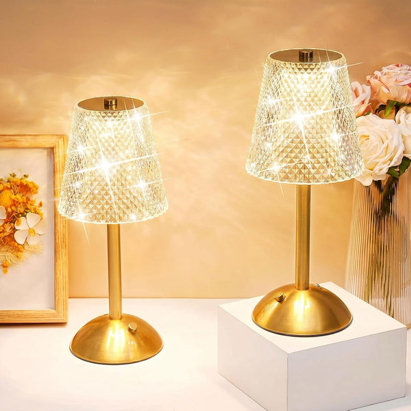 2 Pcs Cordless Table Lamp LED Touch, Gold, Crystal Cut Style