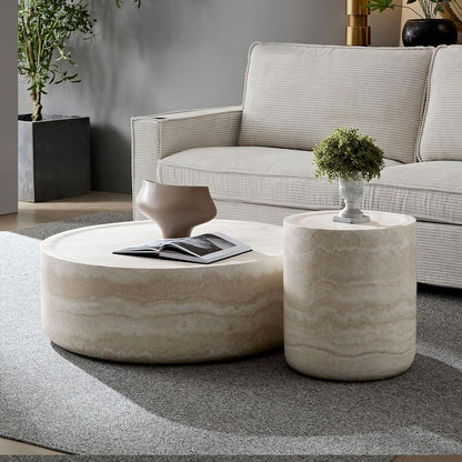 Round Coffee Table for Living Room Circle Coffee Table Faux Marble Pattern Coffee Table Modern Drum Center Table for Apartment, No Need Assembly (Travertine Fiberglass 39.37'')