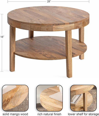 Talcott Tiered Modern round Coffee Table, 28 X 28 X 18, Natural Wood, Transitional Two-Tier Circle Living Room Table with Storage and Mango Wood Construction