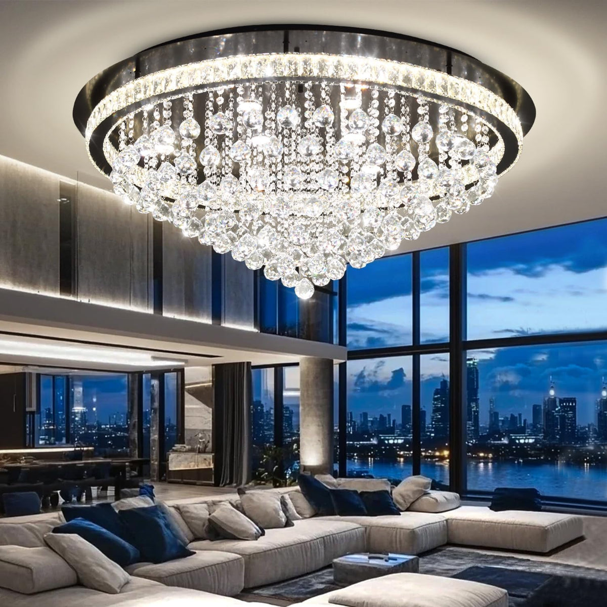 Dia 40" Modern Crystal Chandeliers for Living Room,Black Large Chandelier Flush Mount Chandeliers for Bedrooms Dining Room Dimmable 2700K 4500K 6000K