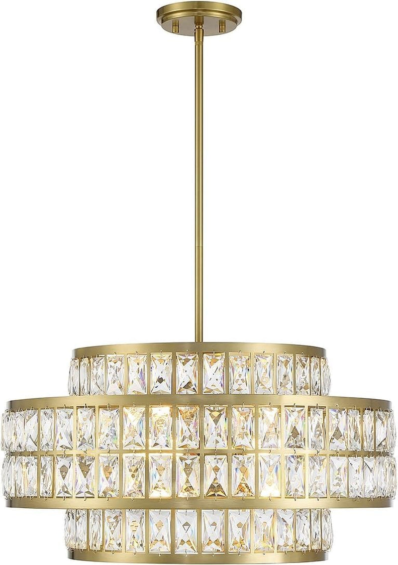 7-9046-4-322 Renzo Crystal Mid-Century Crystal Clear Pendant, 4-Light 240 Total Watts, 12" H X 22" W, Warm Brass